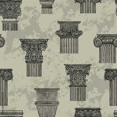 Seamless pattern with vintage architectural details design elements. Antique baroque classic style column. Vector illustration