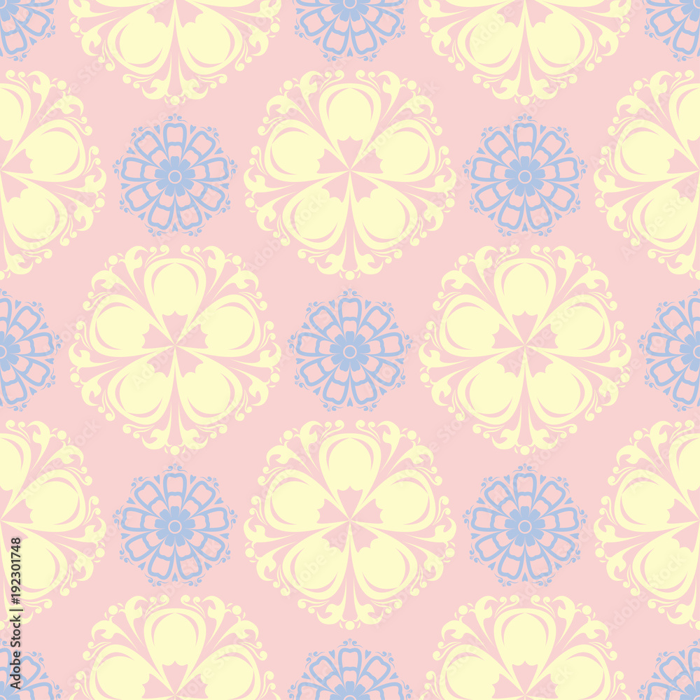 Pink floral seamless pattern with light blue and yellow flower elements Pink floral seamless pattern with light blue and yellow flower elements