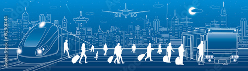 Transport panorama. Passengers get on the bus leaving the train. Travel transportation infrastructure. The plane is on the runway. Night city on background, vector design art