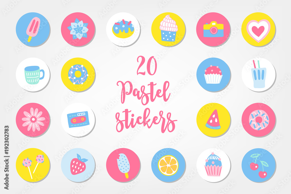 Set of twenty summer stickers with ice cream, succulent, donut Set of twenty summer stickers with ice cream, succulent, donut