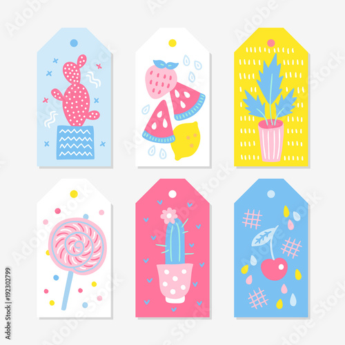 Six summer Gift Tags with cactus, strawberry, watermelon, lemon, lollipop