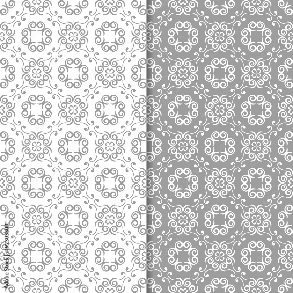 White and gray floral backgrounds. Set of seamless patterns White and gray floral backgrounds. Set of seamless patterns