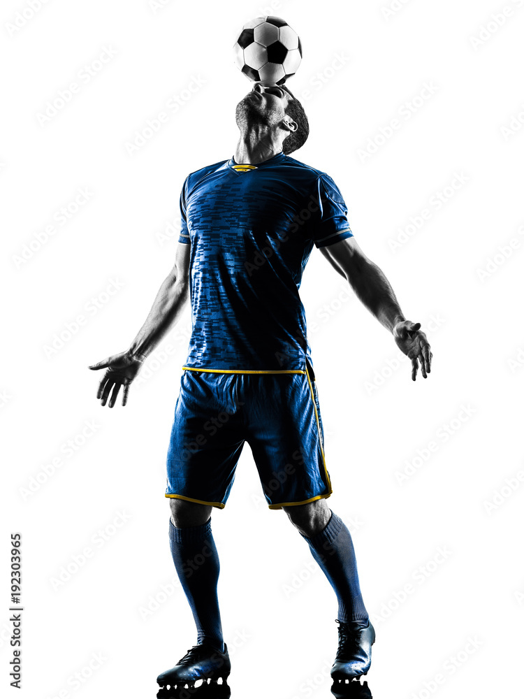 one caucasian soccer player man playing in silhouette isolated on white background one caucasian soccer player man playing in silhouette isolated on white background