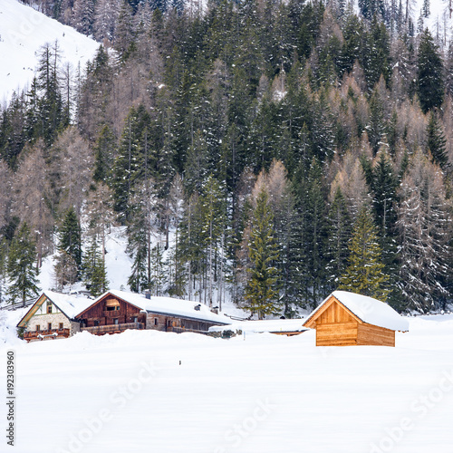Dreamy Dolomites in winter. Lake of Braies.