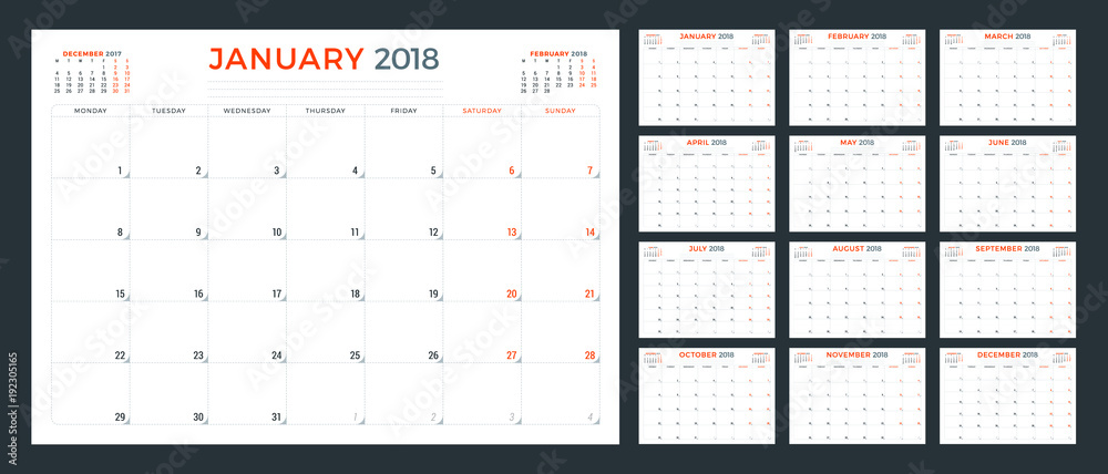 Calendar planner for 2018 year. Week starts on Monday. Vector design print template Calendar planner for 2018 year. Week starts on Monday. Vector design print template