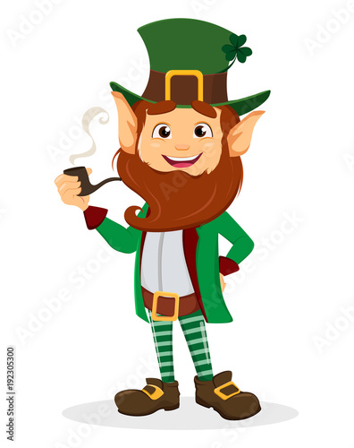 Smiling cartoon character leprechaun with green hat and smoking pipe