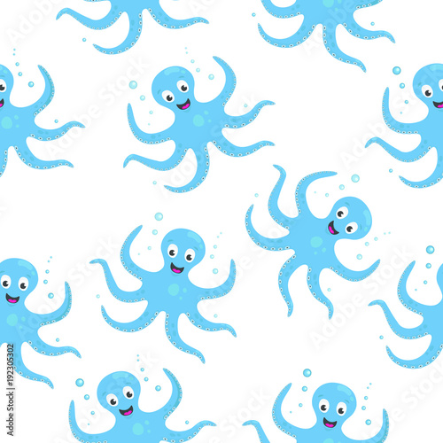 Vector seamless pattern. Blue octopus cartoon character. Flat smiling octopus with bubbles, isolated on white background.