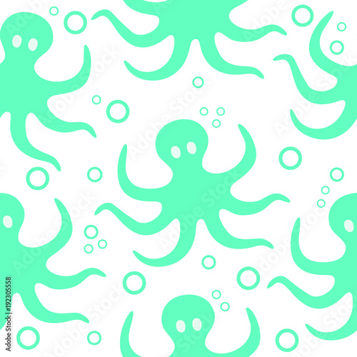 Vector seamless pattern. Blue octopus cartoon character. Flat smiling octopus with bubbles, isolated on white background.