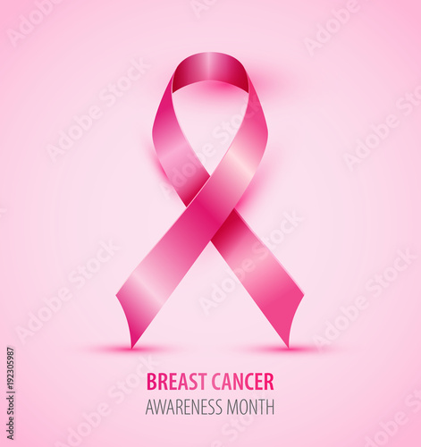 Realistic pink ribbon breast cancer awareness isolated symbol on pink background.