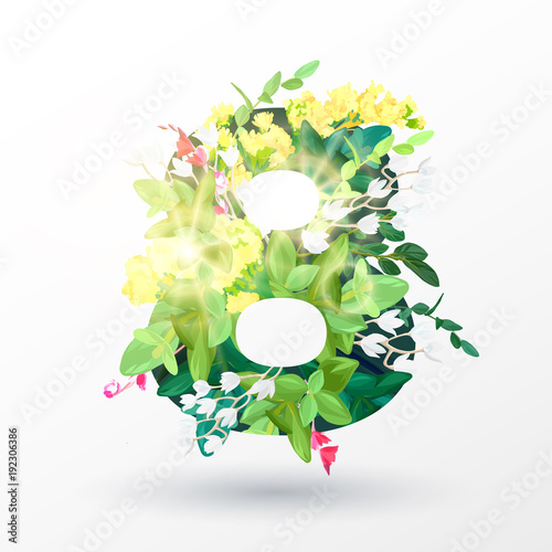 A voluminous decorative figure with an ornament from realistic flowers, branches, leaves and forest plants. Spring decorative element for the international women's day March 8. Vector illustration.