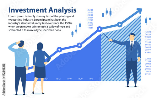 Analysis of investment. Banner in a flat style. Teaching financial literacy. The specialist shows the profit graph. Investments for beginners. Profit growth graph. Stock Trading. Vector illustration