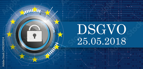 DSGVO Banner mit Vorhängeschloss, EU-Flagge mit Bits und Schaltplan
