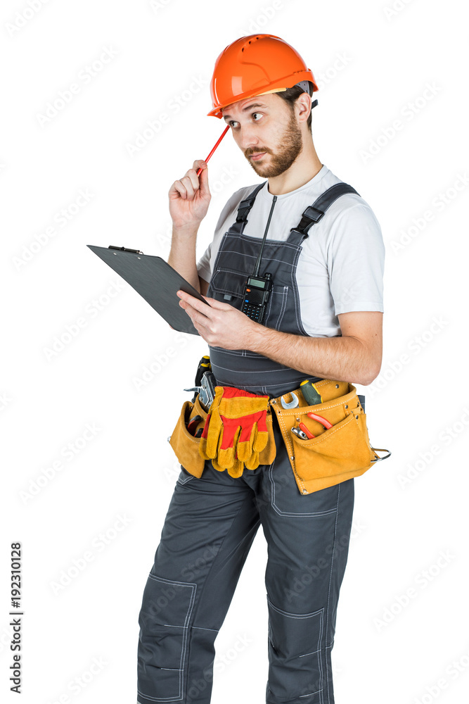 The builder writes to the clipboard. isolated on white background The builder writes to the clipboard. isolated on white background