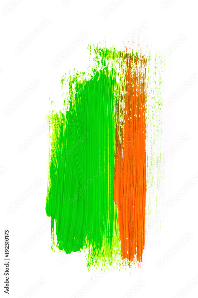 Hand drawn green and orange abstract acrylic background on white