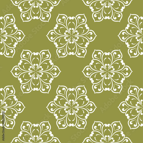 White flower on olive green background. Seamless pattern