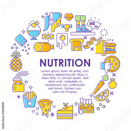 Sport and fitness, food icons arranged in a cirle. Thin line flat design, isolated vector clipart.