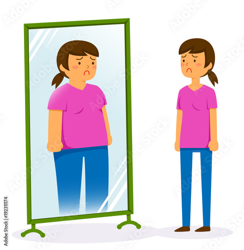 Unhappy woman looking in the mirror and seeing herself as fat