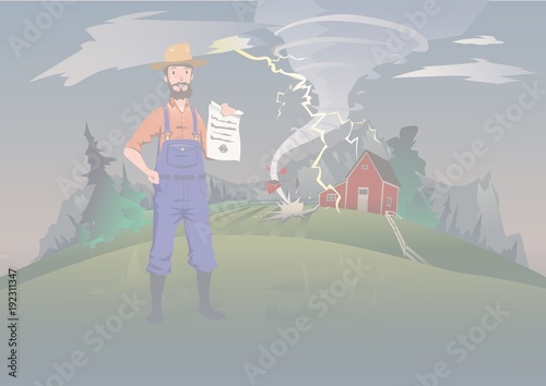 Farmer's insurance concept, vector illustration. Tornado on the farm. A calm farmer standing and holding the insurance policy in his hand. Home and household hurricane insurance.