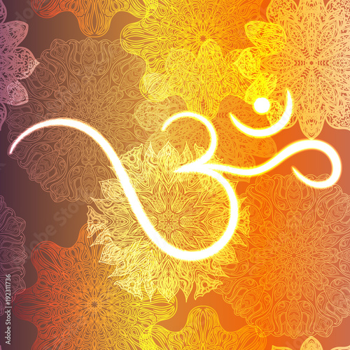 Ornate floral seamless texture, endless pattern with glowing bright mandala elements and ohm symbol