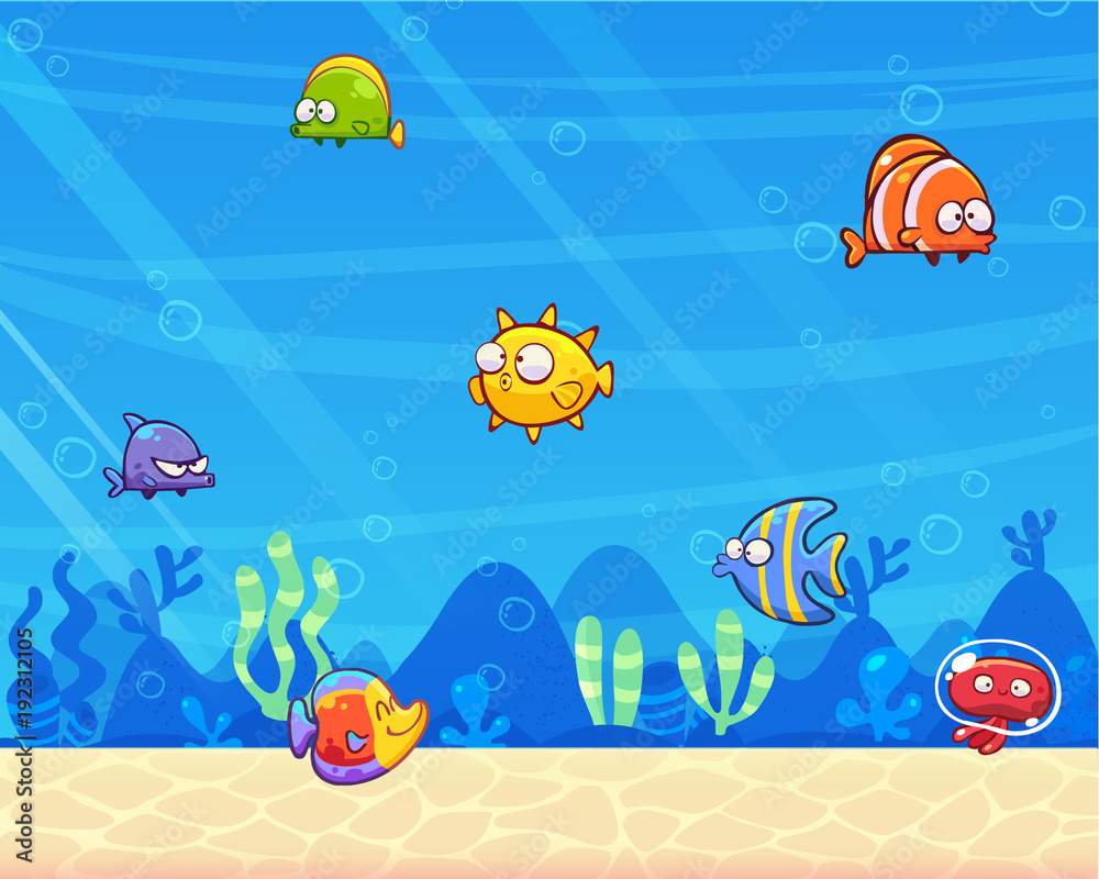 Naklejka premium Family of marine animals in the sea. Underwater scene. Funny cartoon and vector illustration