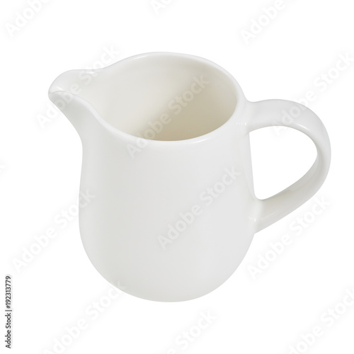A jug for milk. White. View from above. For coffee. Isolated. For your design.
