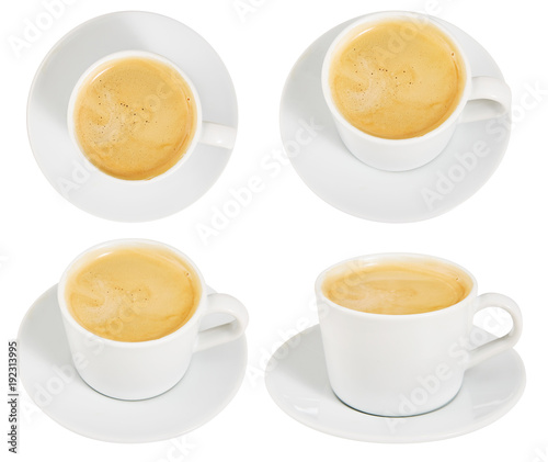 Coffee with milk. set. Cup. An invigorating drink. Breakfast. Morning. Isolated. For your design.