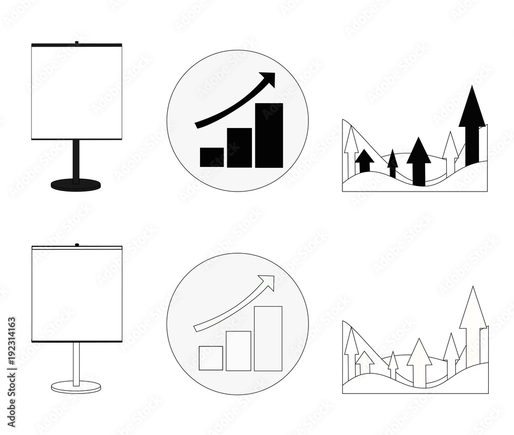 Set of graphs showing growth business in black-white version. 