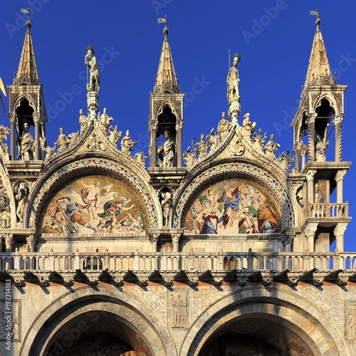 Venice historic city center, Veneto rigion, Italy - San Marco Square - St. Marc’s Basilica reachly decorated facade