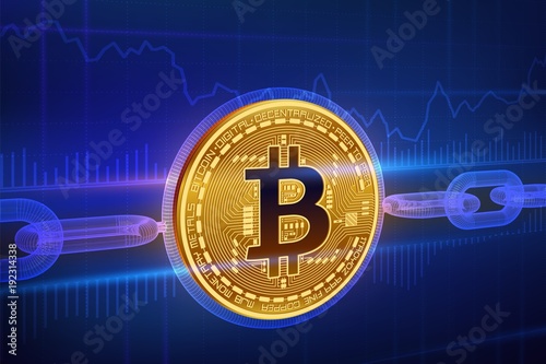 Crypto currency. Block chain. Bitcoin. 3D isometric Physical golden bitcoin with wireframe chain. Blockchain concept. Editable Cryptocurrency template. Stock vector illustration.