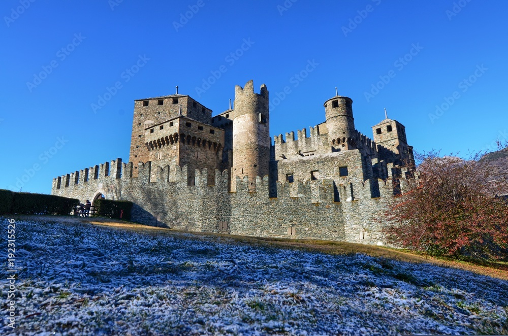 Fenis, Valle d'Aosta, Italy 26 December 2015. External view of the walls of the castle of Fenis