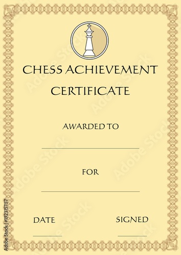 Chess achievement certificate, template on old designed beige paper, emblem with chess king piece in circle, filigree patterned outline frame