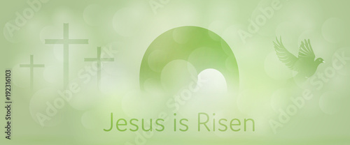 Easter background. Three crosses, empty tomb and dove with text : Jesus is Risen.