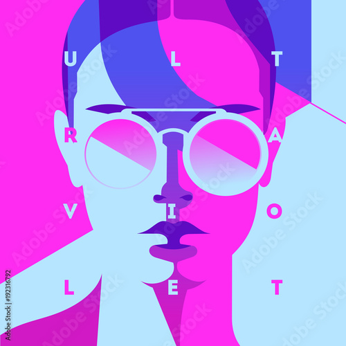 Fashion portrait of a model girl and neon light. Ultraviolet trendy colors poster or flyer.