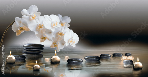 Wandbild mit Orchideen, Steinen im Wasser und schwimmenden Kerzen