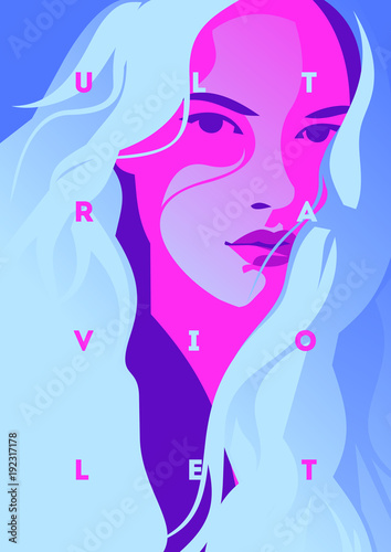 Fashion portrait of a model girl and neon light. Ultraviolet trendy colors poster or flyer.