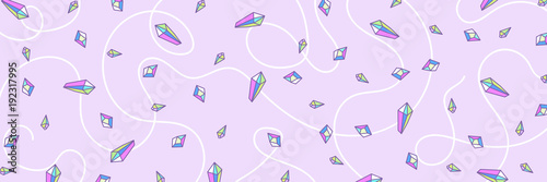 web banner or header, pattern from crystal rainbow quartz in pastel colors, pink, purple, Indigo and turquoise, glitter gems, reflection holographic colors, delicate cute kids pattern for girls