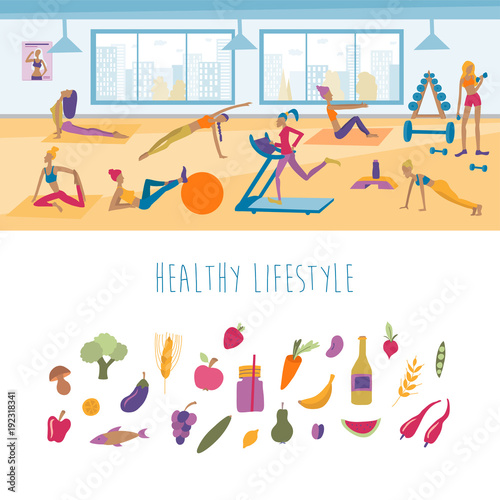 Healthy lifestyle vector illustration. Young women doing exercises, yoga poses, running, fitness. Fruit, vegetable icons.