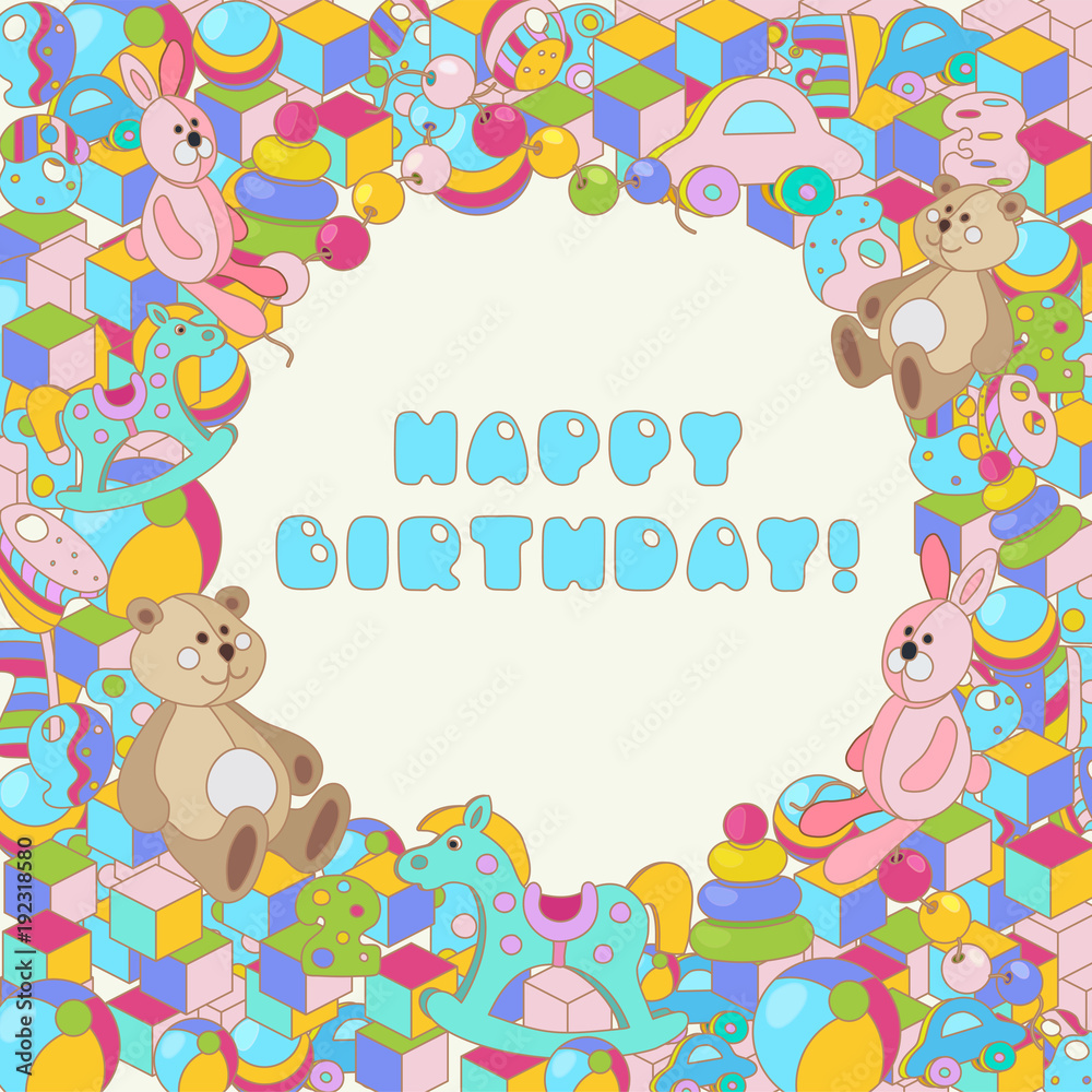 Obraz premium Happy Birthday vector colorful baby toy illustration