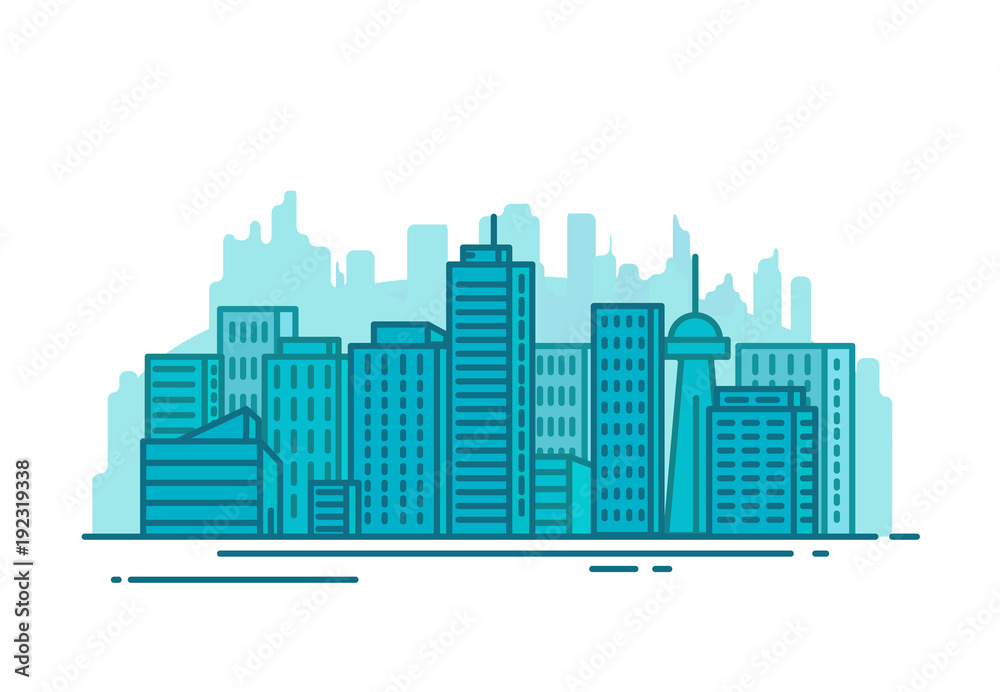 City with buildings and skyscrapers on background. Flat style line vector illustration. Business city center with modern houses. Business center of town. Clouds and sky. Park and smart city concept.