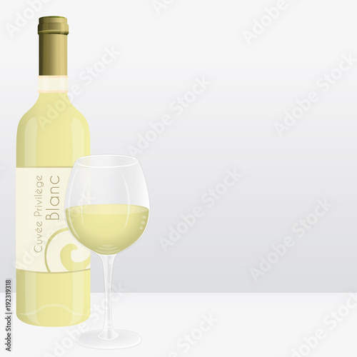 White wine bottle and wine glass. Vector marketing background. Virtual french brand name.