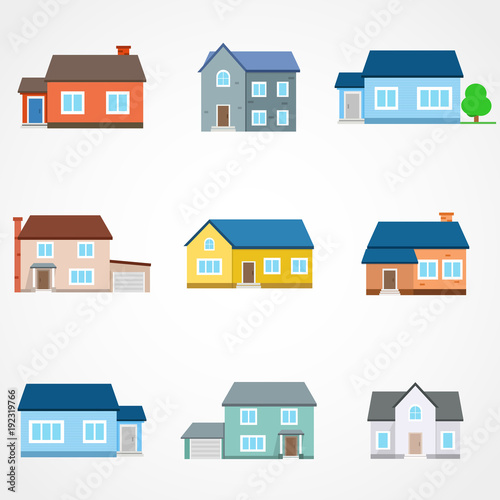 Houses exterior vector illustration front view with roof. Modern. Townhouse building apartment. Home facade with doors and windows.
