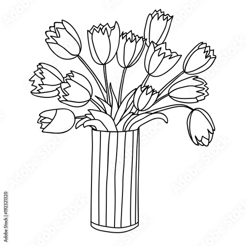 Cute cartoon flowers in vertical striped vase. Tulip.