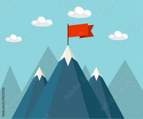 Landscape with flag on the mountain. Success concept illustration. Vector illustration.