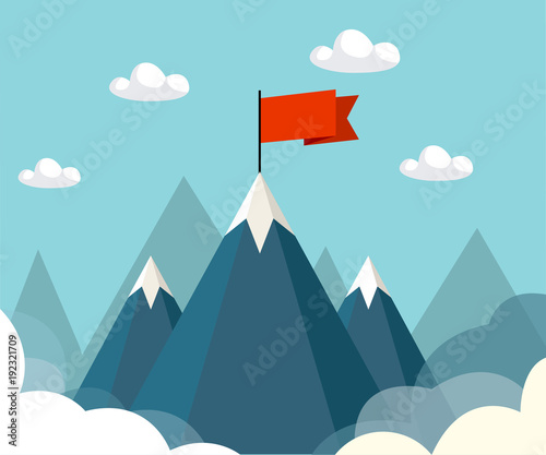 Landscape with flag on the mountain. Success concept illustration. Vector illustration.