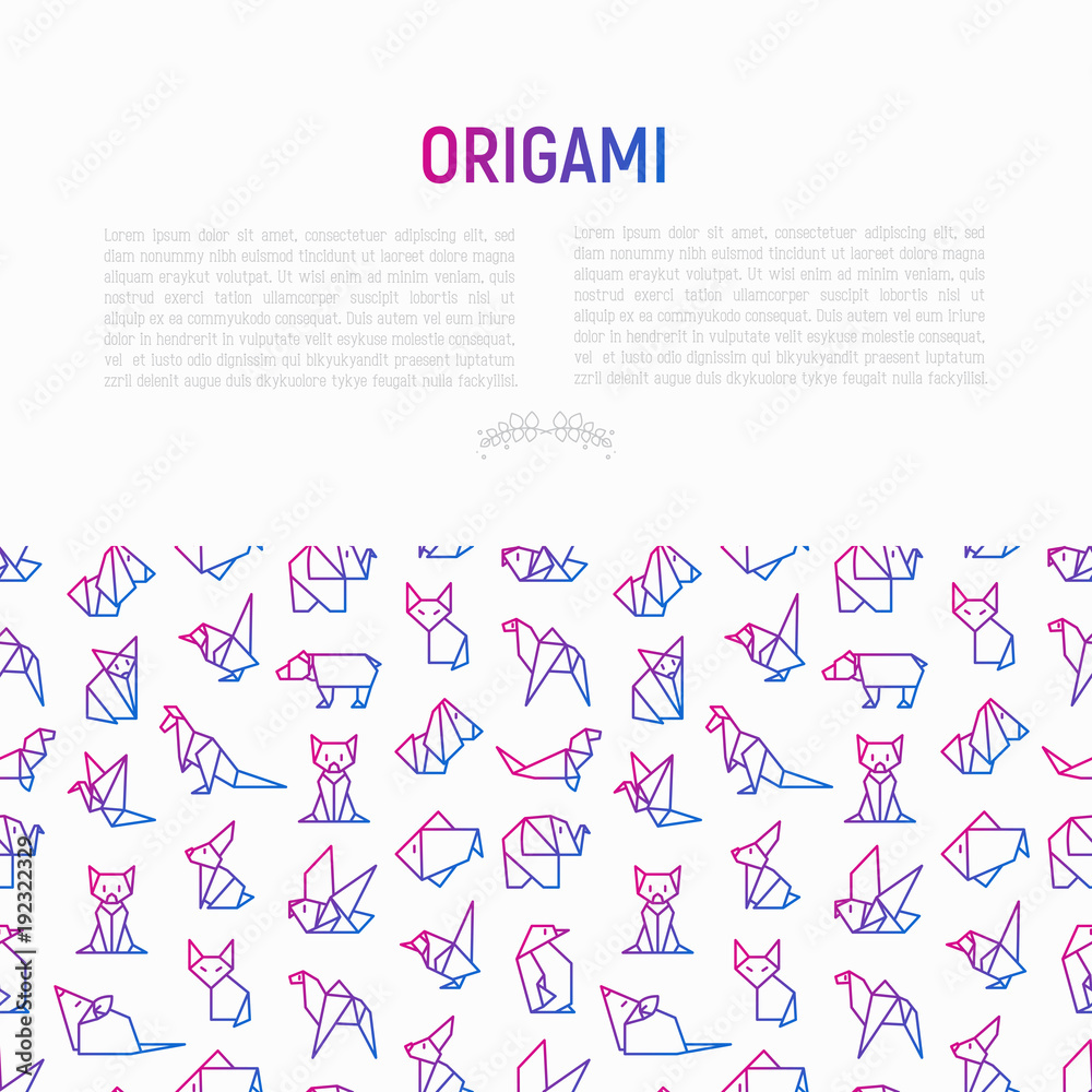 Origami concept with thin line icons: penguin, camel, fox, bear, sparrow, fish, mouse, bird, elephant, kangaroo, hare, seal, raccoon. Modern vector illustration for workshop with place for text. Origami concept with thin line icons: penguin, camel, fox, bear, sparrow, fish, mouse, bird, elephant, kangaroo, hare, seal, raccoon. Modern vector illustration for workshop with place for text.
