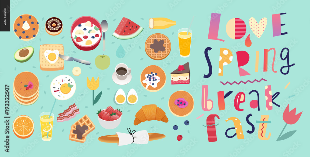 Love, spring, breakfast Lettering composition and a set of breakfast meal on the green-blue background - obrazy, fototapety, plakaty 