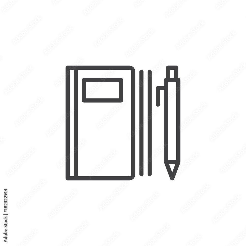Notebook and pen outline icon. linear style sign for mobile concept and web design. Writing note simple line vector icon. Symbol, logo illustration. Pixel perfect vector graphics Notebook and pen outline icon. linear style sign for mobile concept and web design. Writing note simple line vector icon. Symbol, logo illustration. Pixel perfect vector graphics
