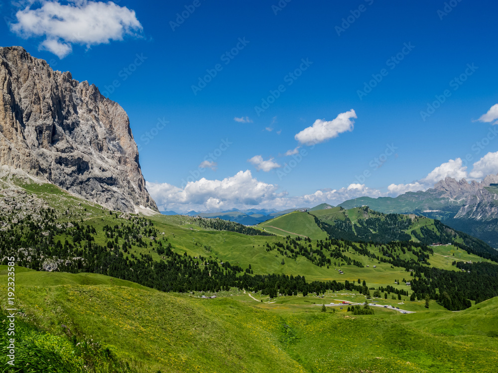 July Alpine view from the Sella Pass in the Dolomites, South Tyrol, Italy