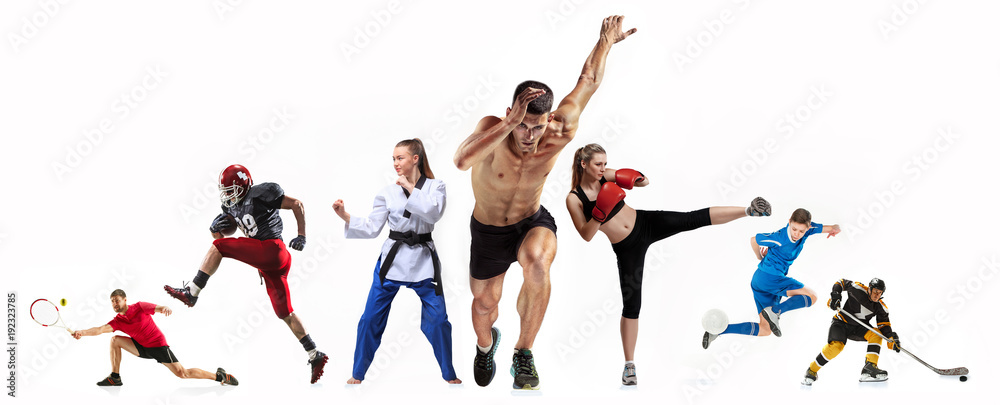 Sport collage about boxing, soccer, american football, ice hockey, jogging, taekwondo, tennis