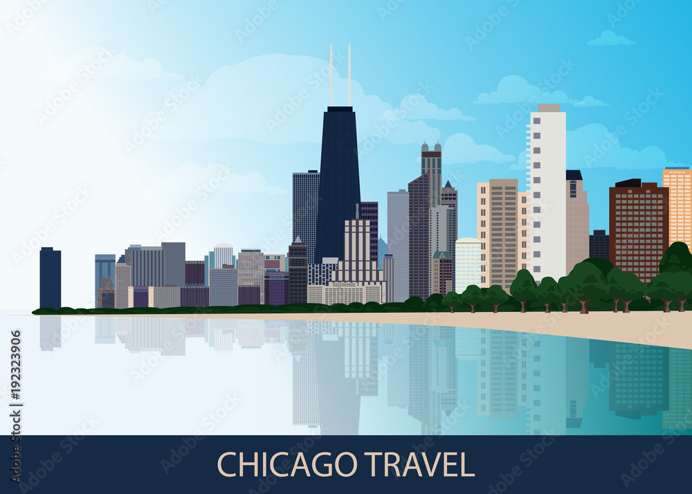 Naklejka premium American Urban Chicago city background with skyscrapers, lake Michigan and blue sky. Vector EPS 10